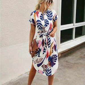 Leaf print belted midi stretch dress